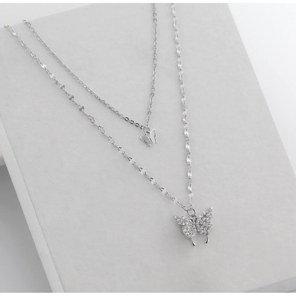 Silver Butterfly Double Layer Necklace Pendant Multi Strand Jewelry 1 p